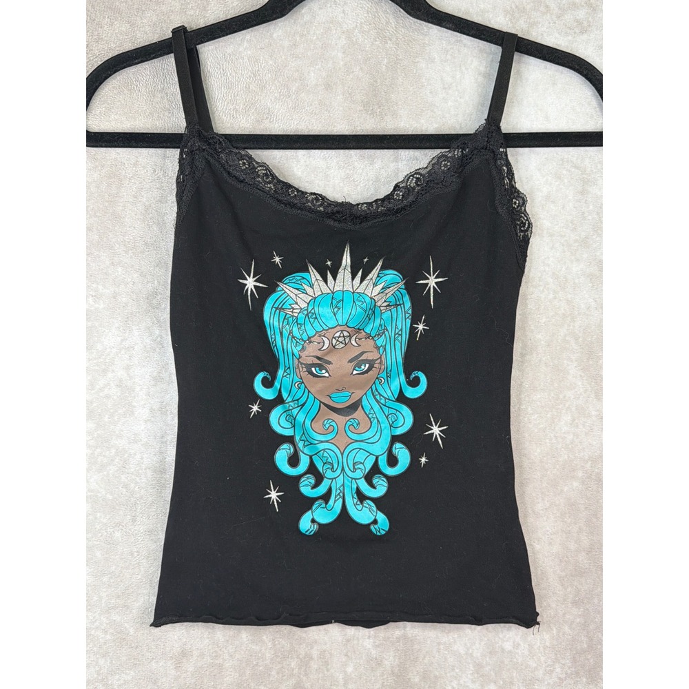The Grave Girls Camisole Women XS Black Graphic Lace Trim Lettuce Hem Gothic Top